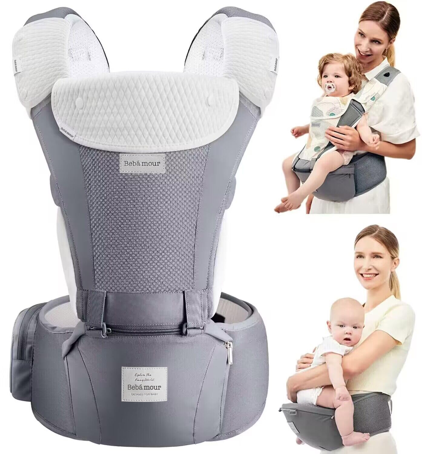 Bebamour baby carrier hip-seat setup shows ergonomic support for newborns.