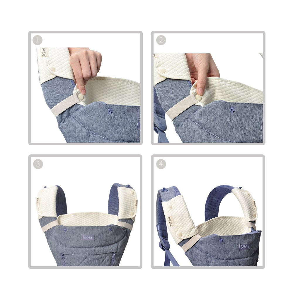 Bebamour baby in carrier using pads during travel.