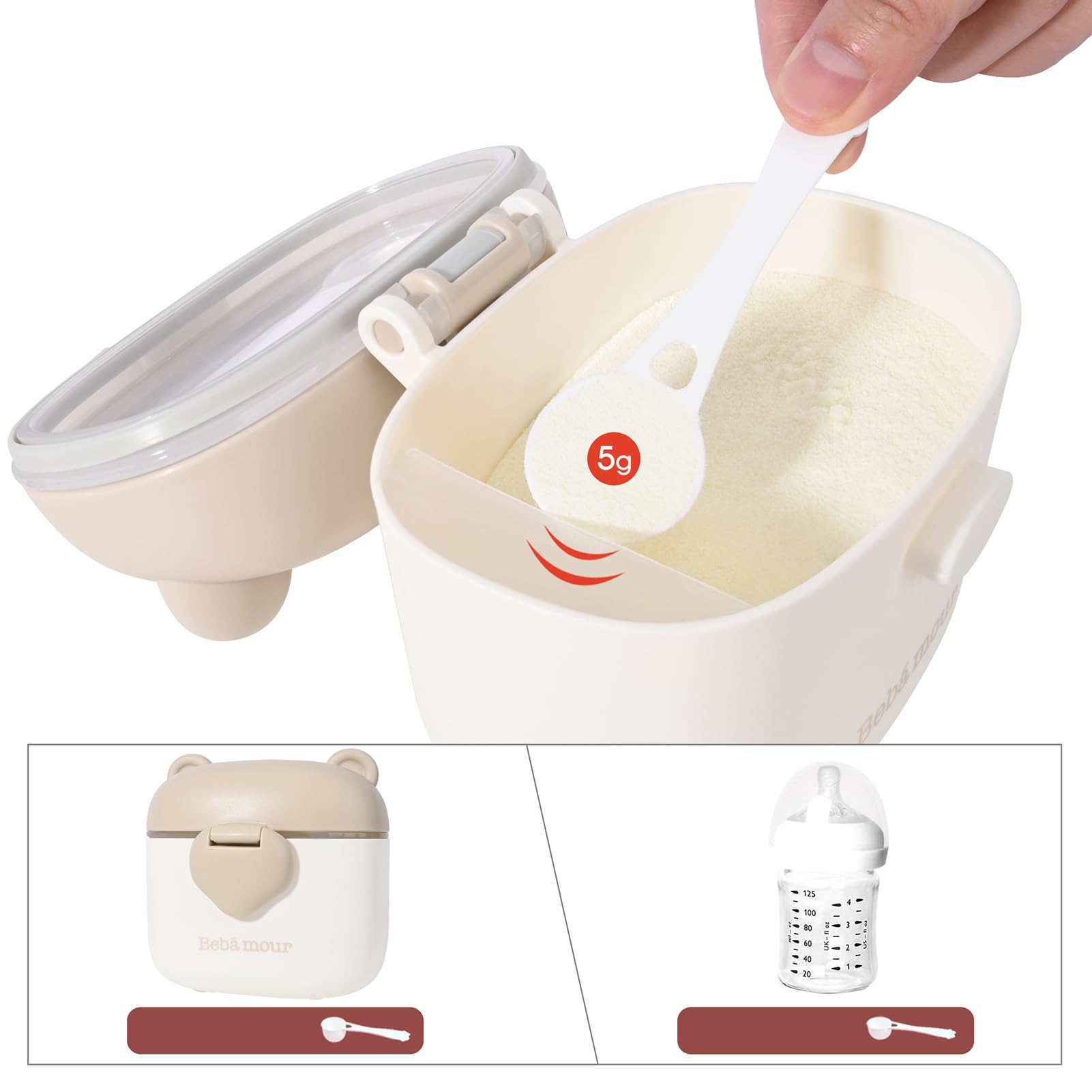 Bebamour dispenser with measuring spoon highlights precise 5 gram portions