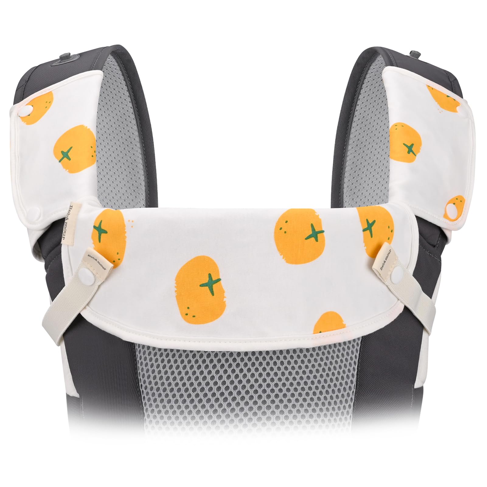 Bebear Bebamour carrier-strap-wrap-persimmon view keeps straps dry during teething.