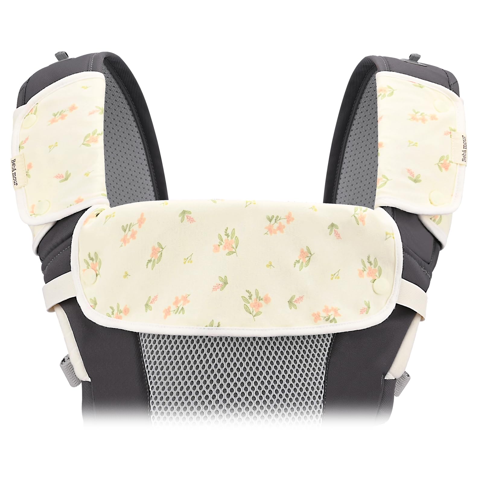 Bebamour drool pad on left strap protects straps from drool.