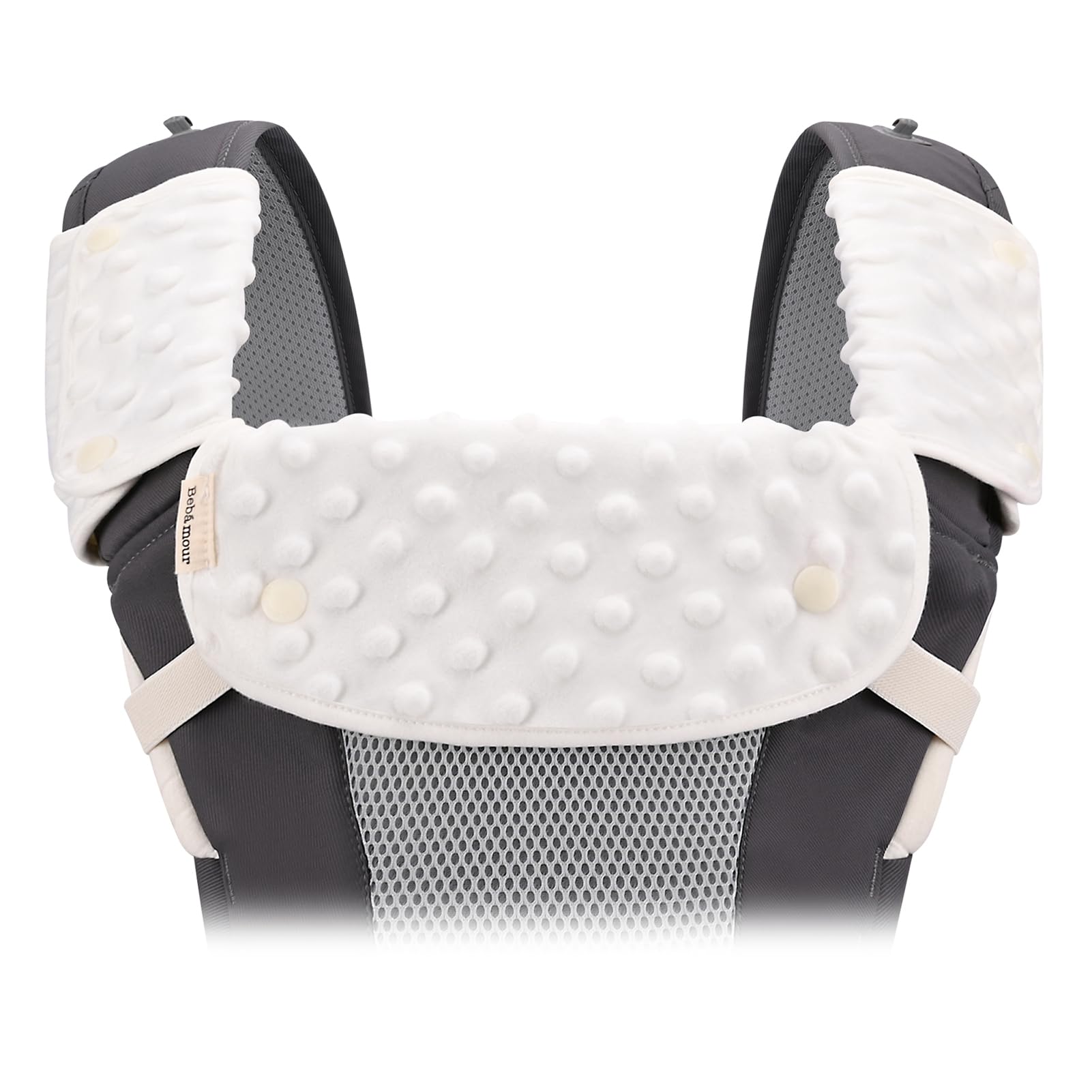 Bebamour drool pad on right strap protects straps from drool.