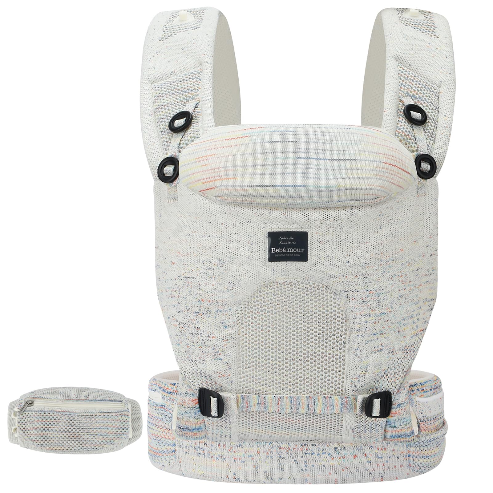 Bebamour Knit Baby Carrier front carry in cream demonstrates breathable knit for all-day comfort.