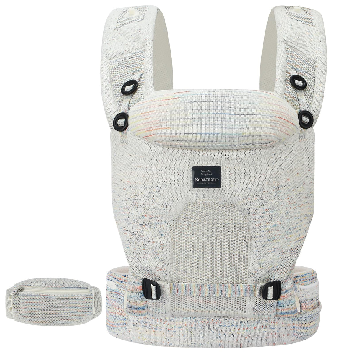 Bebamour Knit Baby Carrier front carry in cream demonstrates breathable knit for all-day comfort.