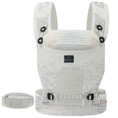 Bebamour Knit Baby Carrier front carry in cream demonstrates breathable knit for all-day comfort.