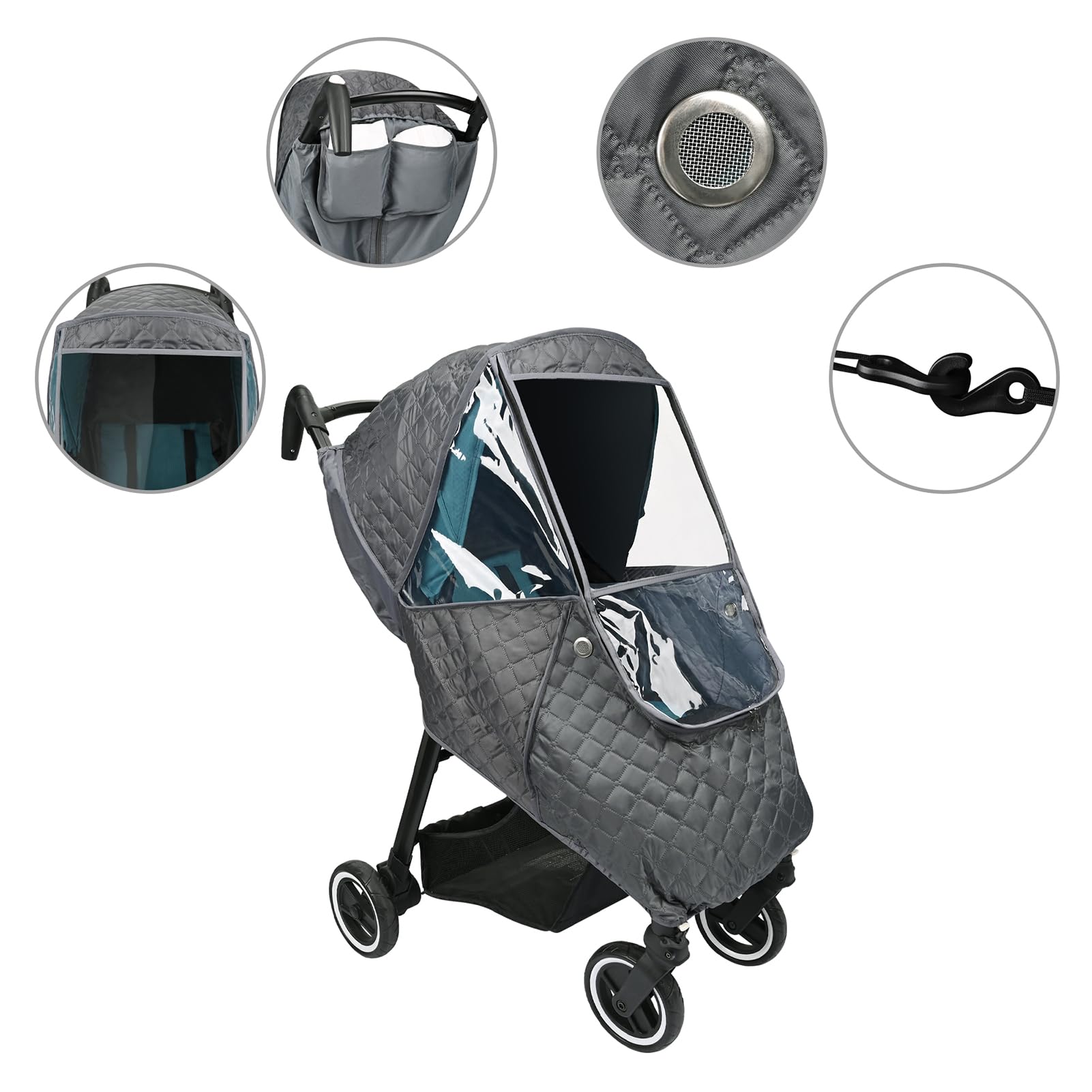 Bebamour dark grey stroller rain cover adds a stylish weather shield.