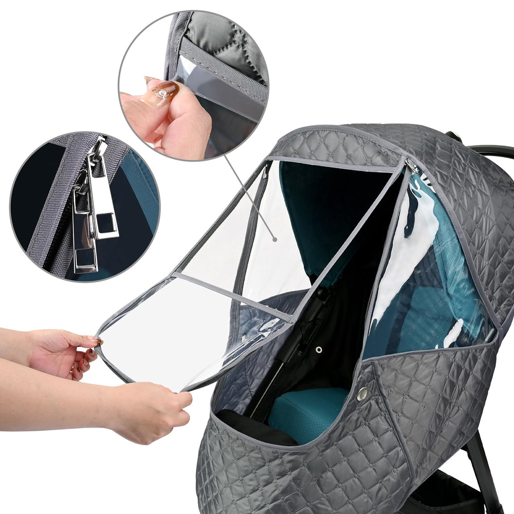 Bebamour universal-fit rain cover demonstrates compatibility with most strollers.
