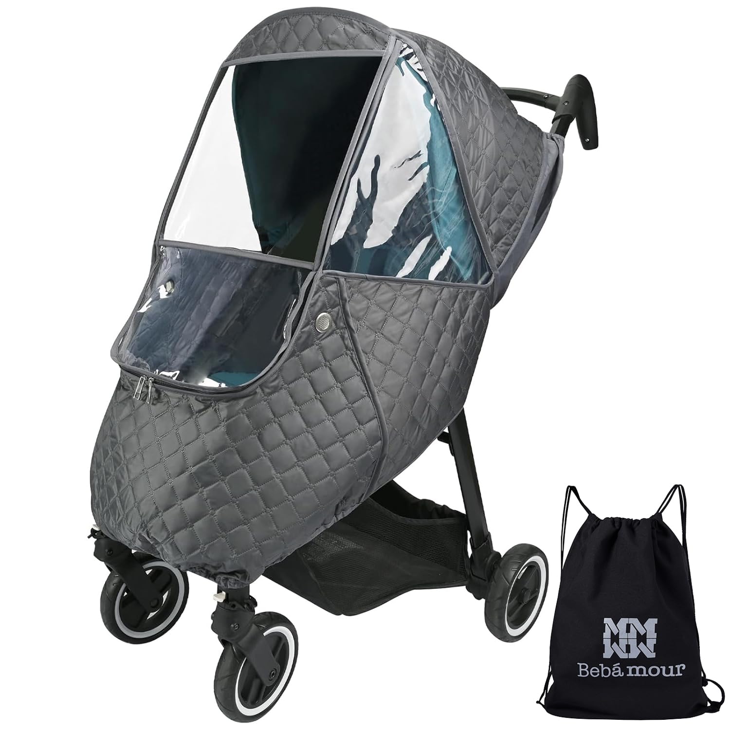 Bebamour stroller rain cover shows waterproof fabric protecting your baby from rain.