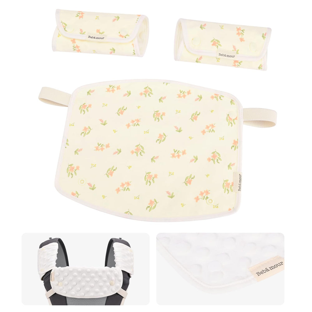 Bebamour teething pad attached to carrier front for comfort and protection.