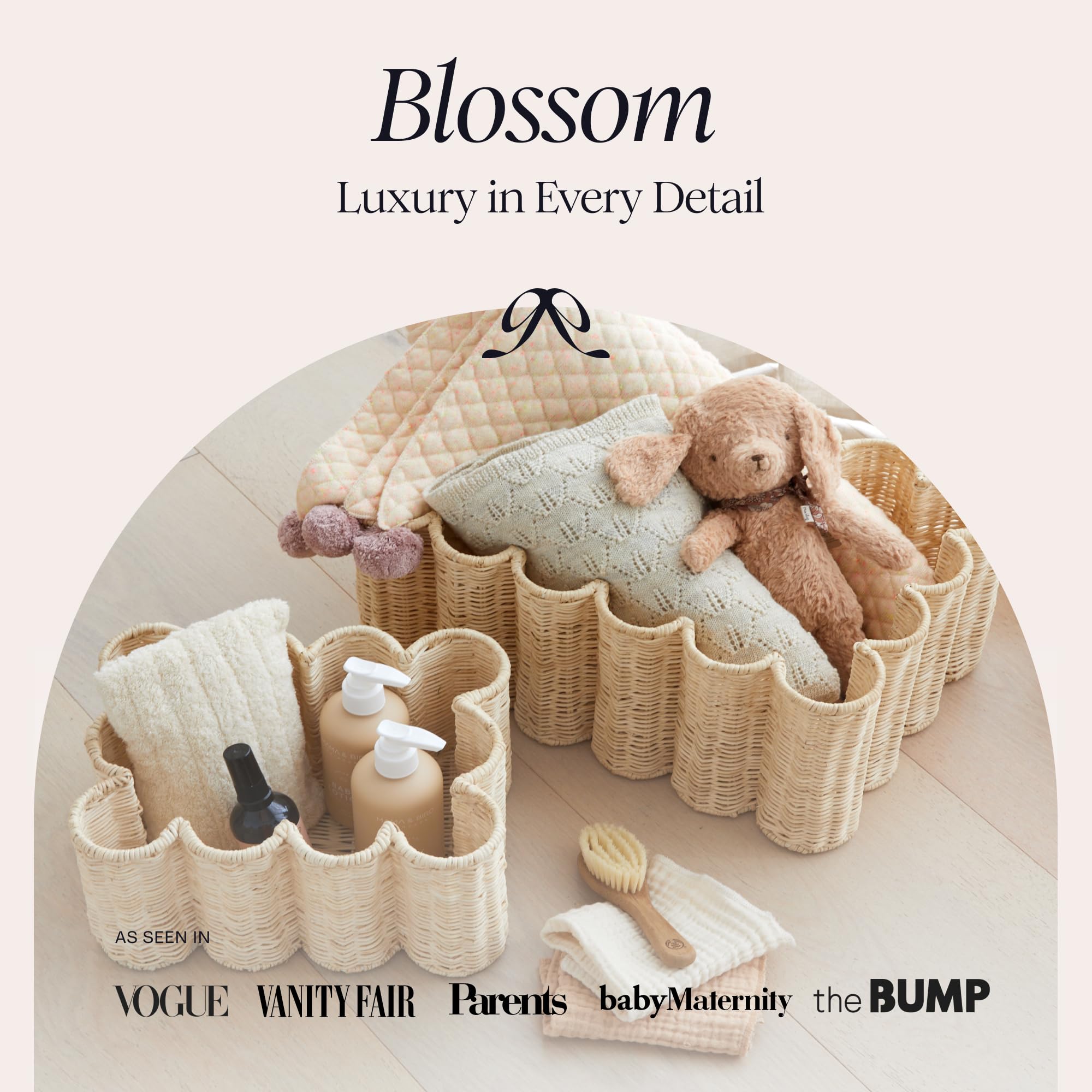 BEBE BASK Blossom woven basket set close-up weave for chic organization.