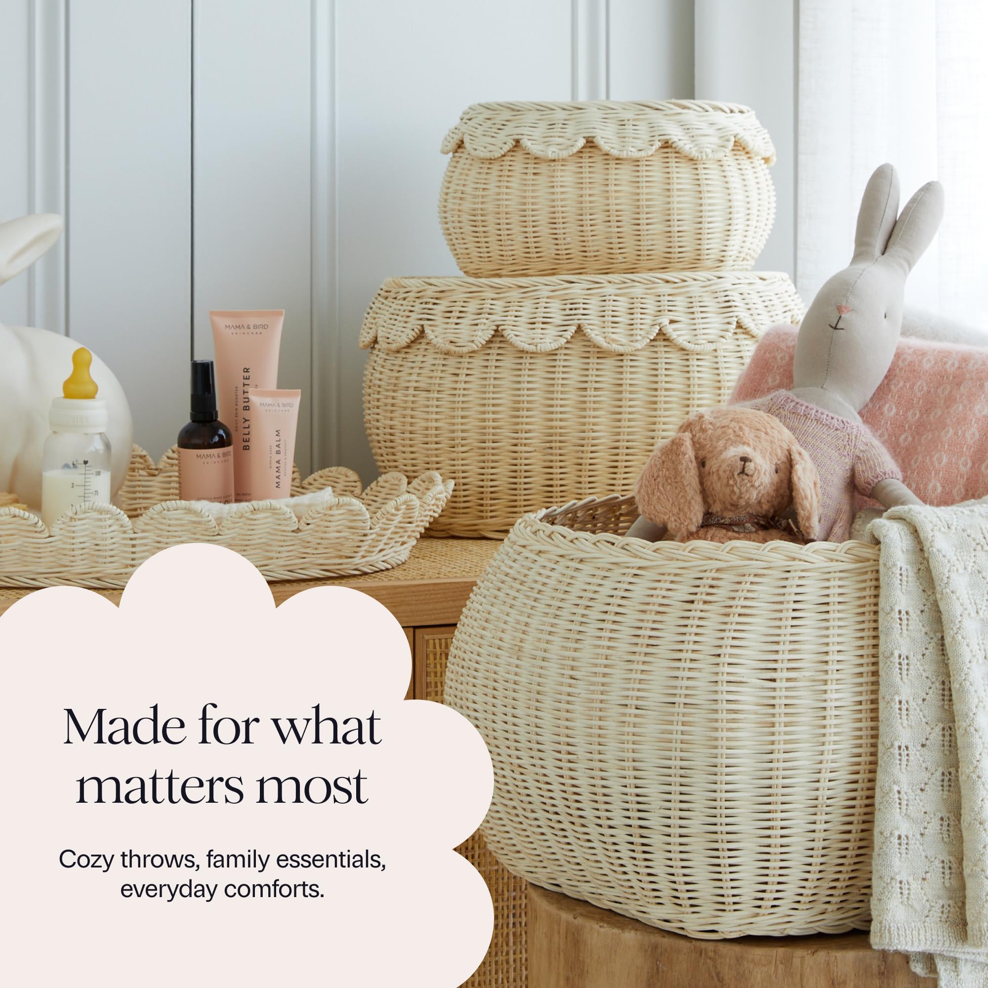 BEBE BASK Fauna blanket-storage basket for cozy throws.