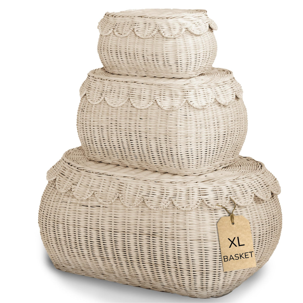 BEBE BASK Fauna XL scalloped-lid basket for blankets and storage.