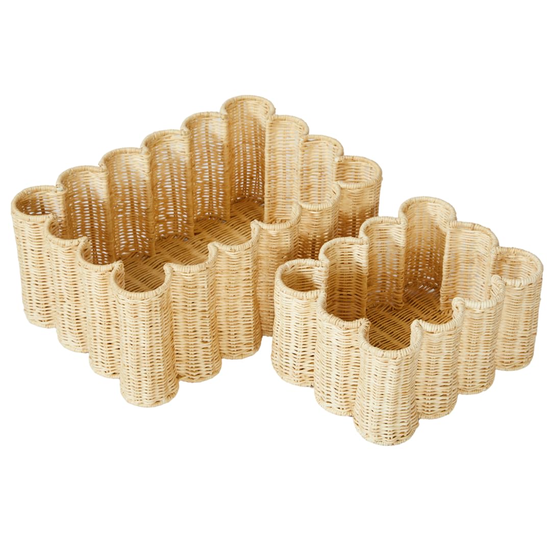 BEBE BASK unique wavy scalloped basket set front-view shows durable handwoven storage.