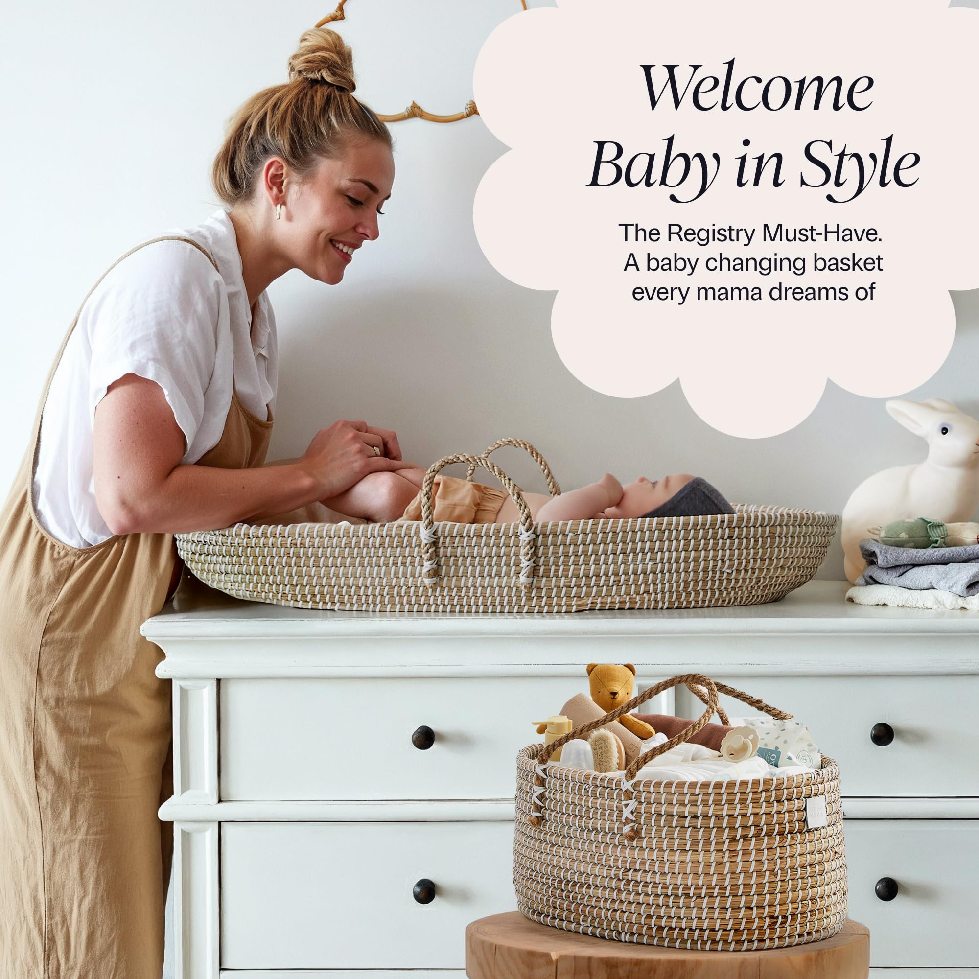 BEBE BASK vegan leather changing mat offers wipeable practicality.