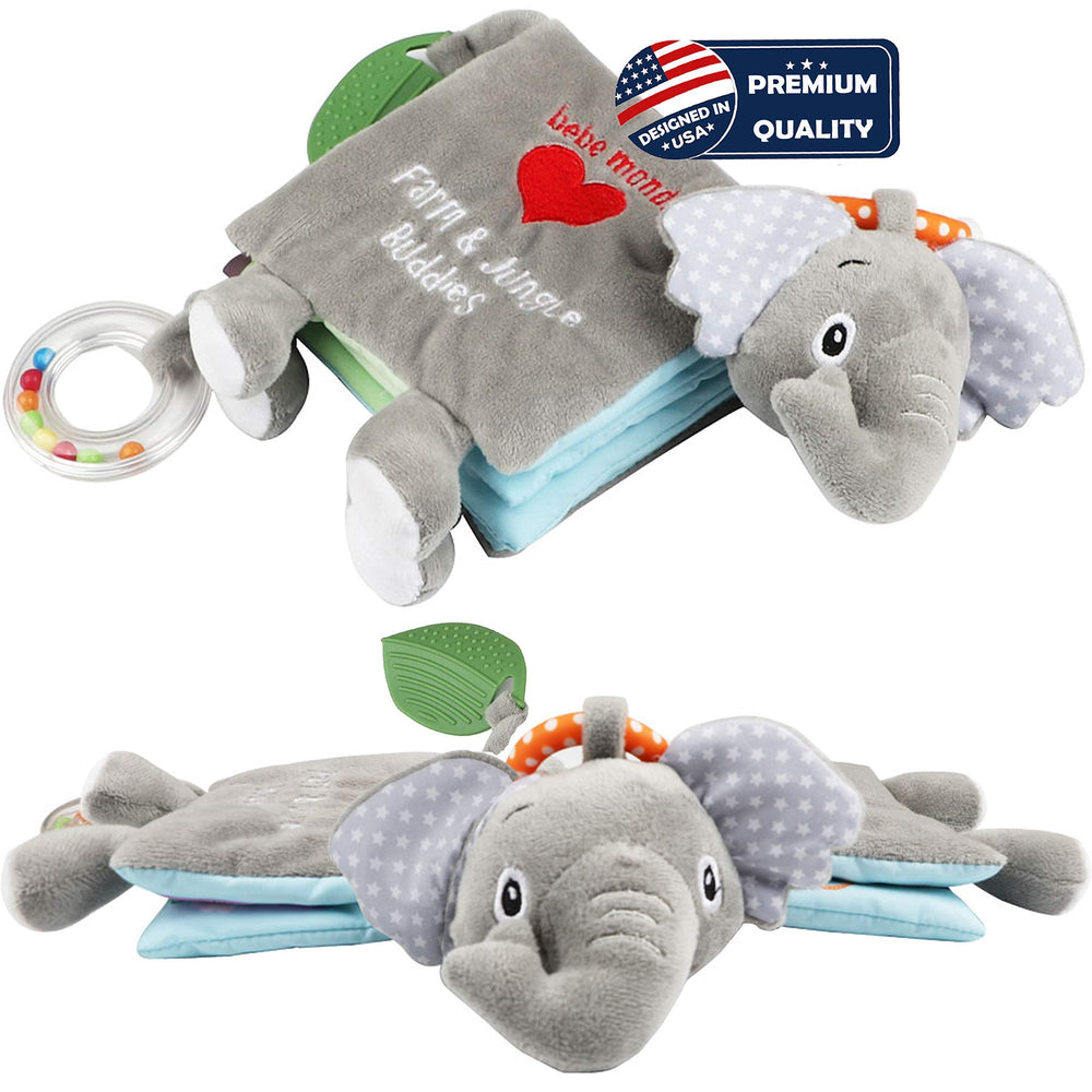 Bebe Mondo baby in stroller with the book demonstrates portable, travel-friendly toy.
