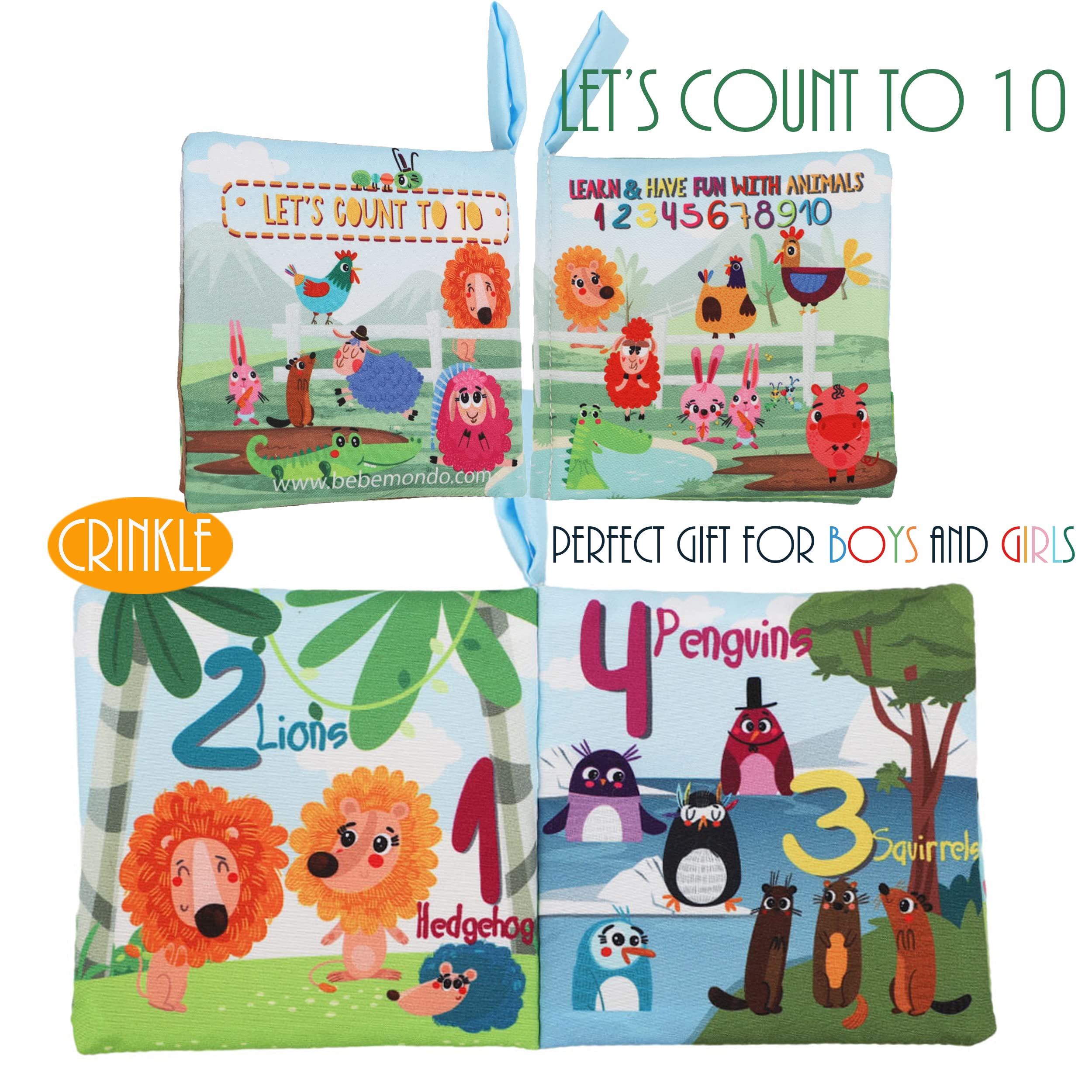 Bebe Mondo colorful theme pages teaching alphabet and numbers to boost early literacy.