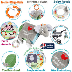 Bebe Mondo elephant book crinkle pages stimulate sensory play and curiosity.