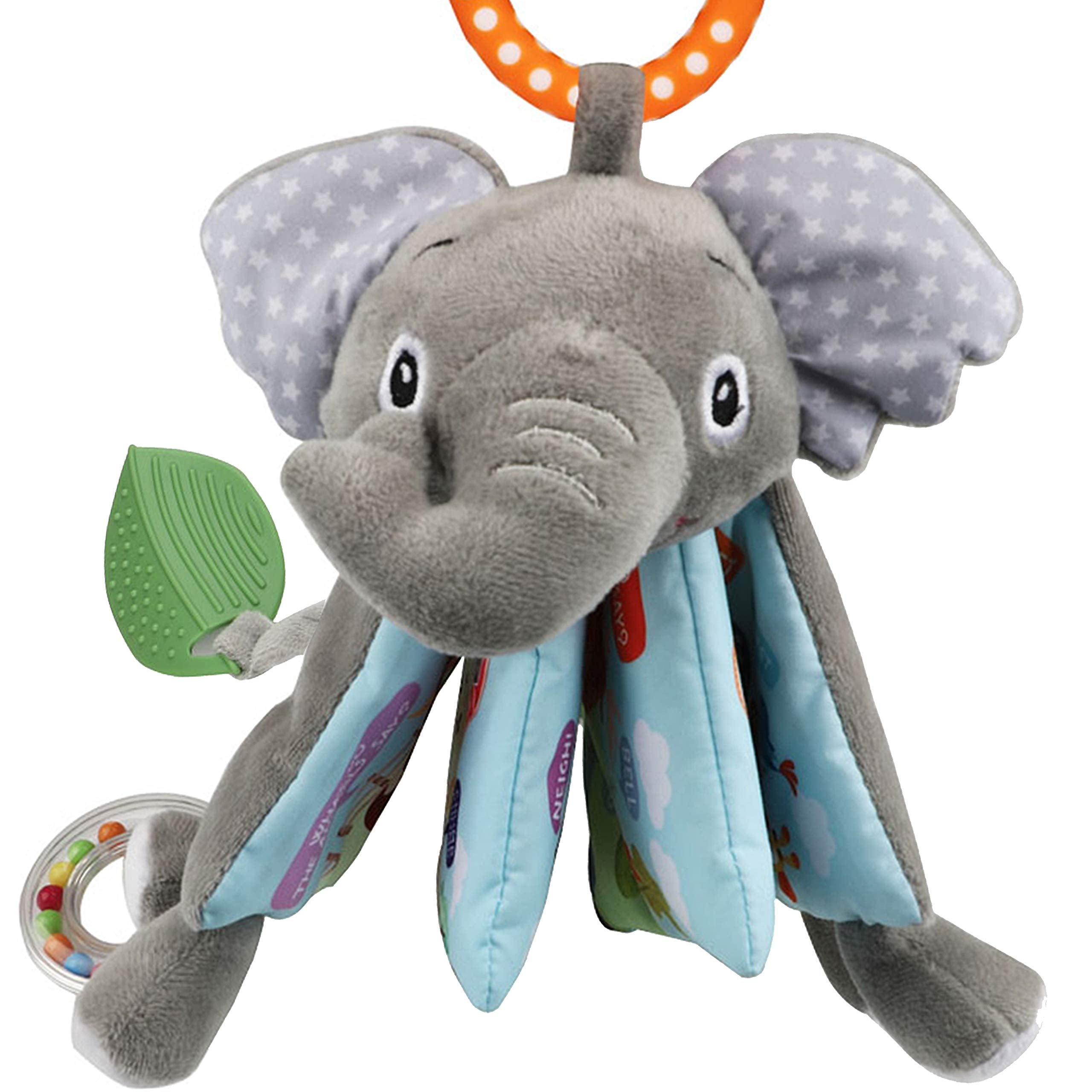 Bebe Mondo Elephant book textures closeup highlights soft, chewable surfaces for teething and exploration.