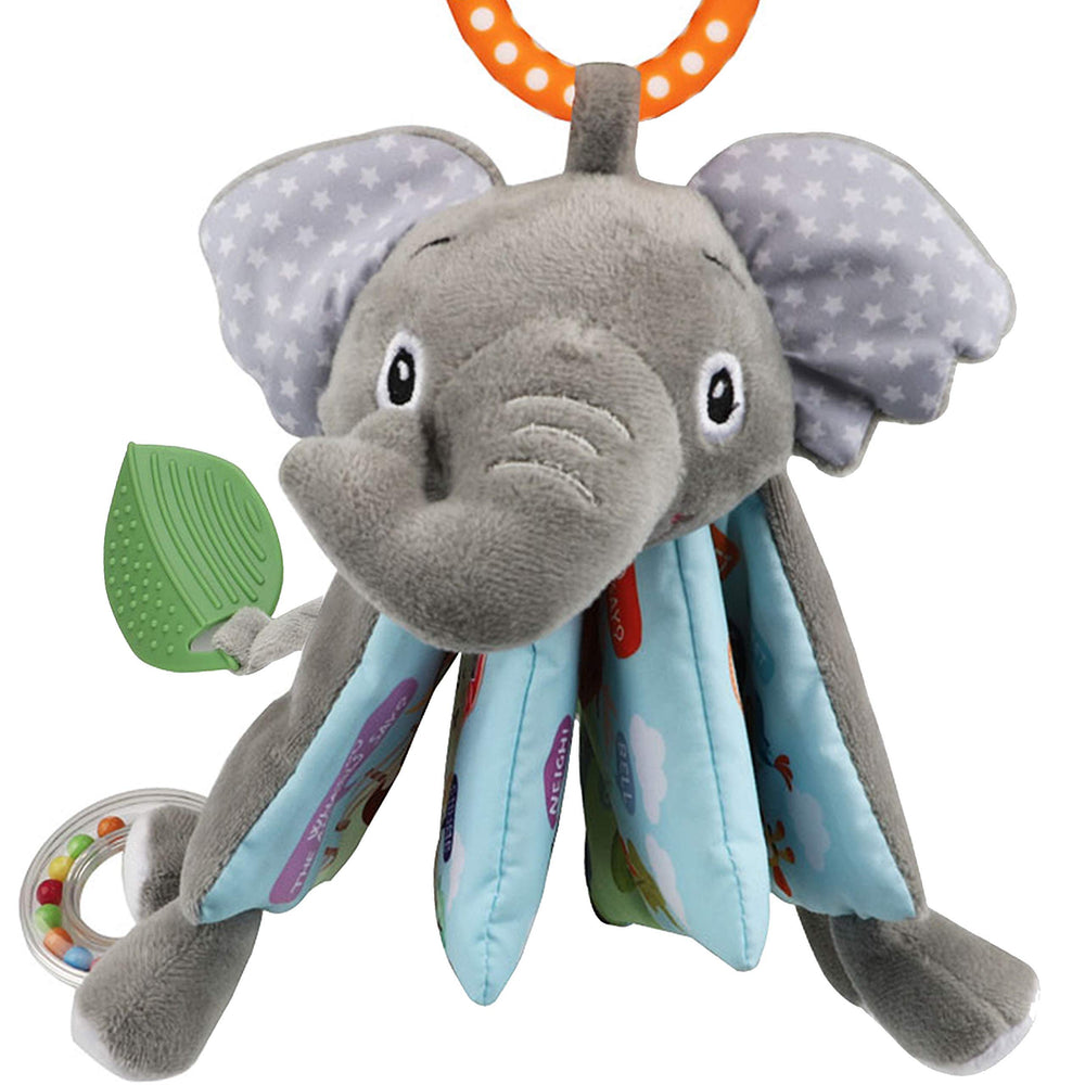 Bebe Mondo Elephant book textures closeup highlights soft, chewable surfaces for teething and exploration.