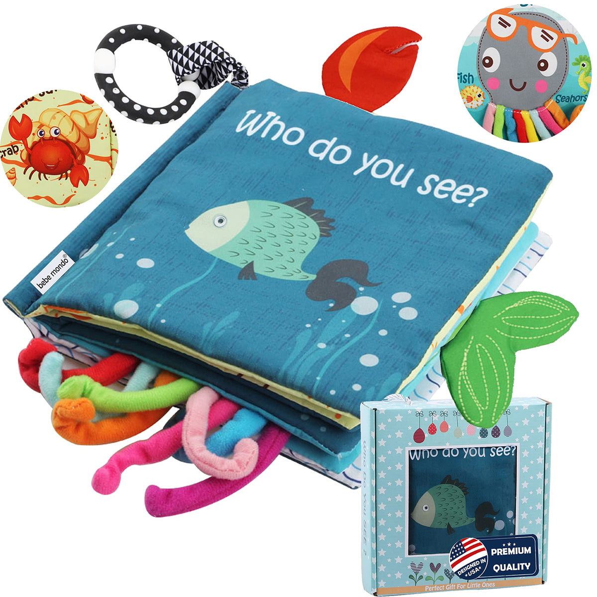 Bebe Mondo fish book open for sensory exploration and early reading.