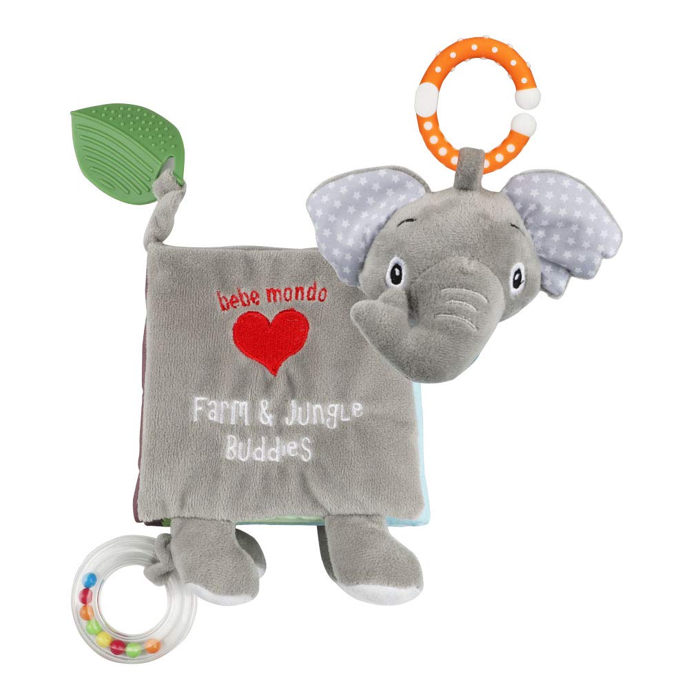 Bebe Mondo plush elephant teether demonstrates a soft, comforting tactile toy.