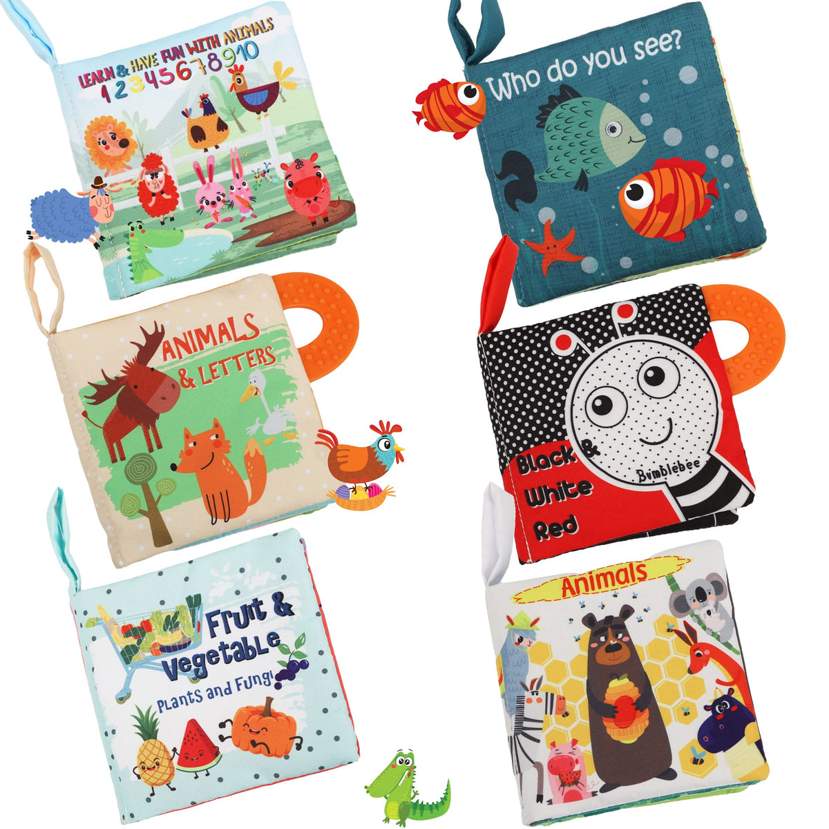 Bebe Mondo soft baby book set—crinkle jungle and farm pages encourage tactile exploration.