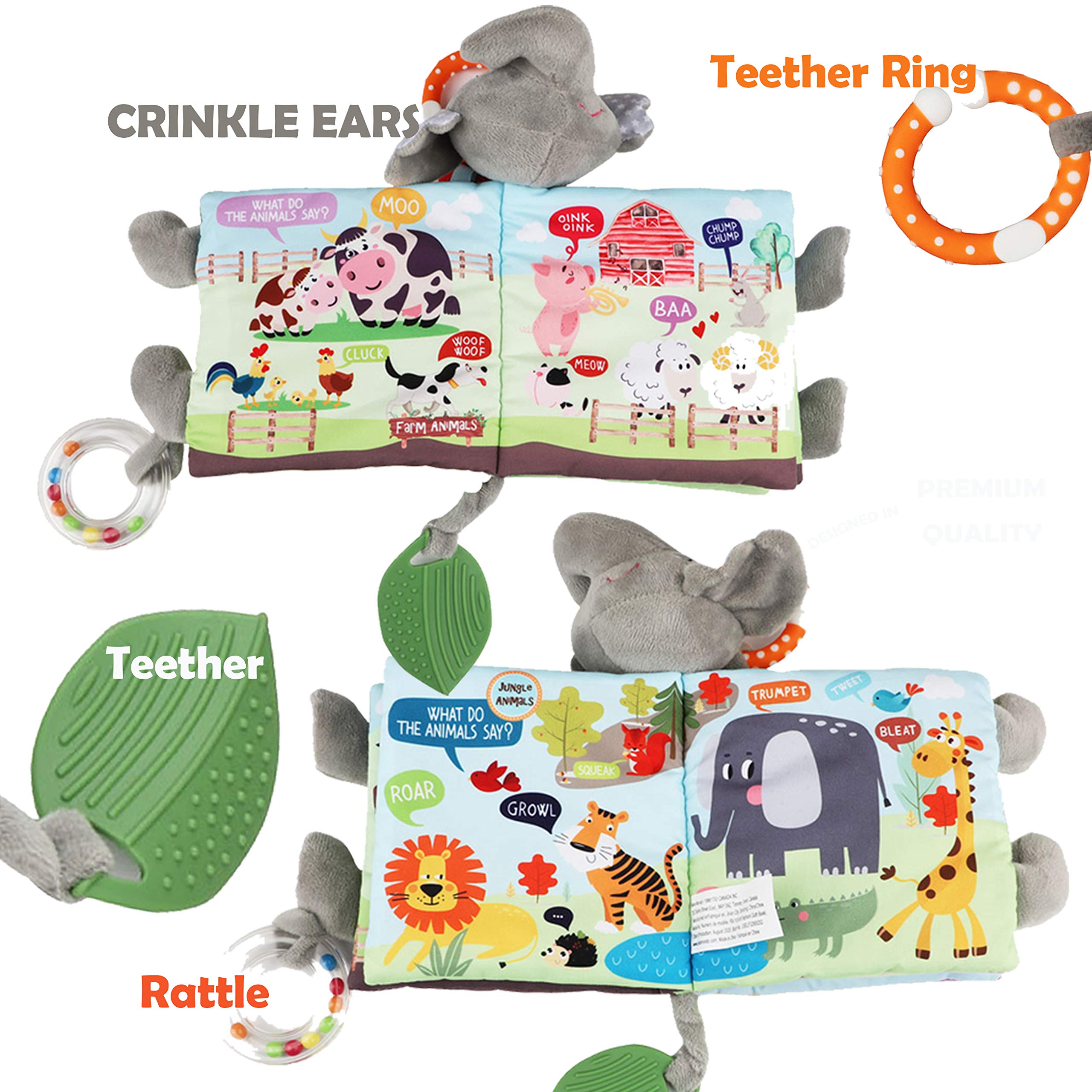 Bebe Mondo teether ring closeup shows handy teething aid on the book.