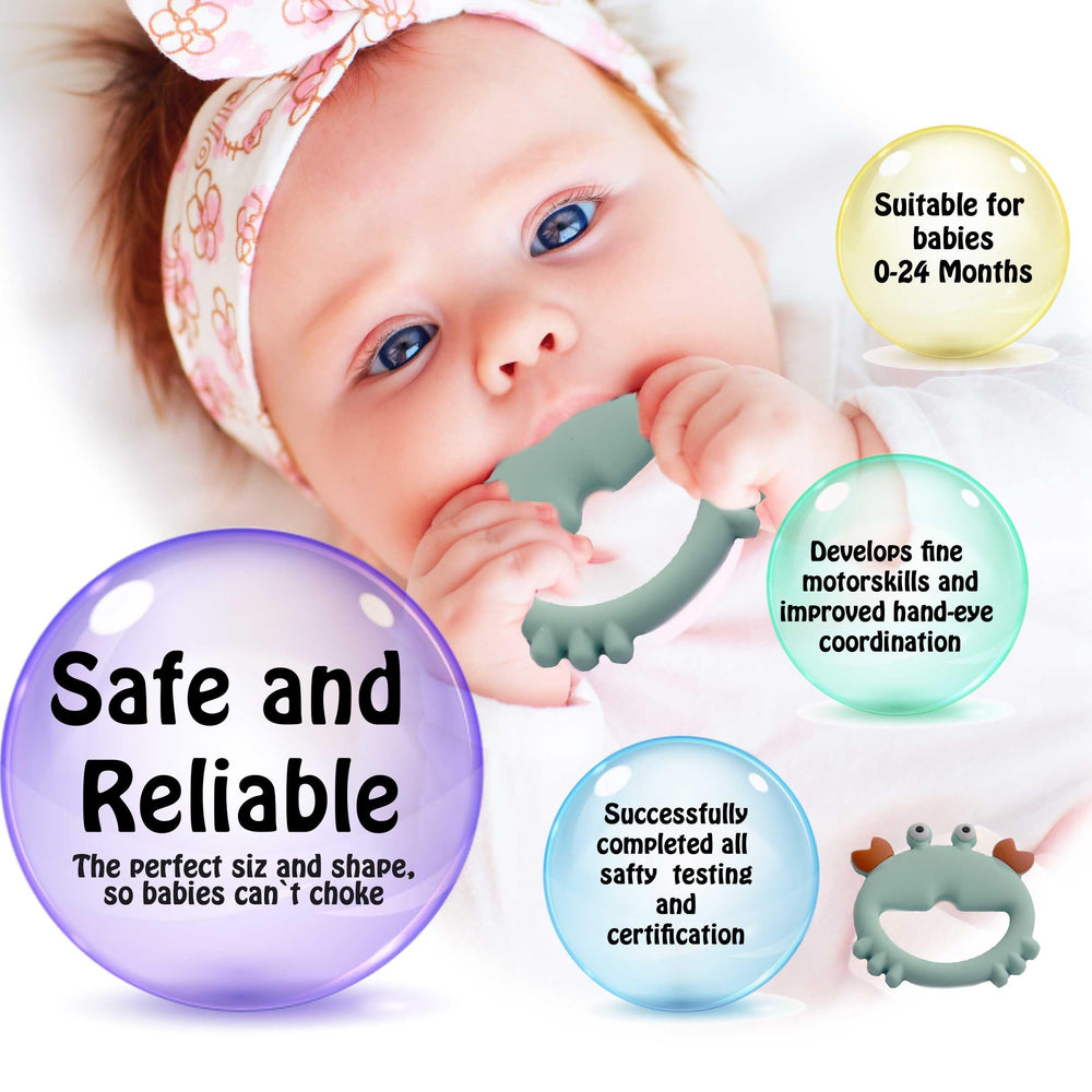 Bebe Mondo teething toy crab mouth-soothe close-up demonstrates soft silicone.