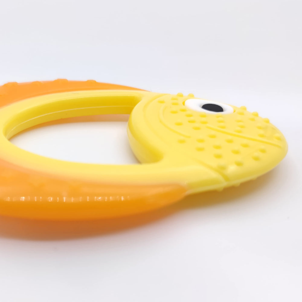 Bebe Mondo goldfish-shaped teether supports on-the-go teething with pacifier clips.