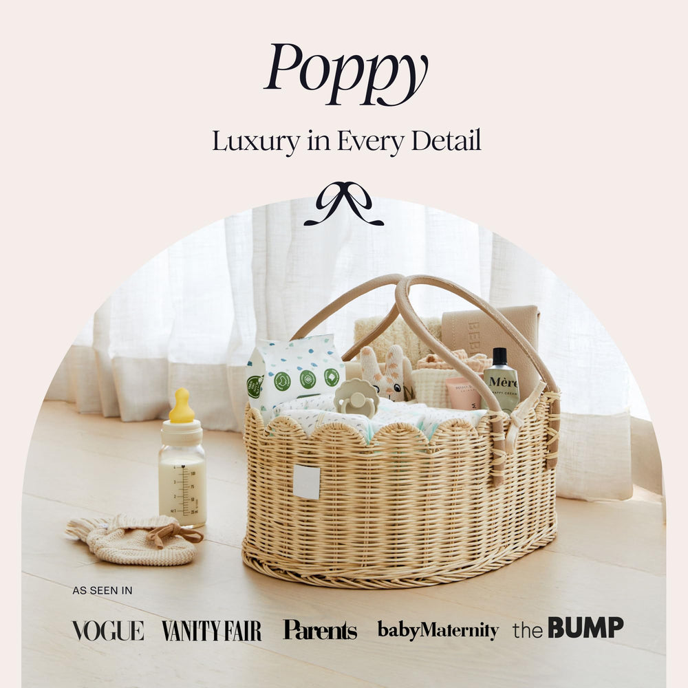 BEBE BASK Poppy scalloped edge detail enhances elegant nursery decor