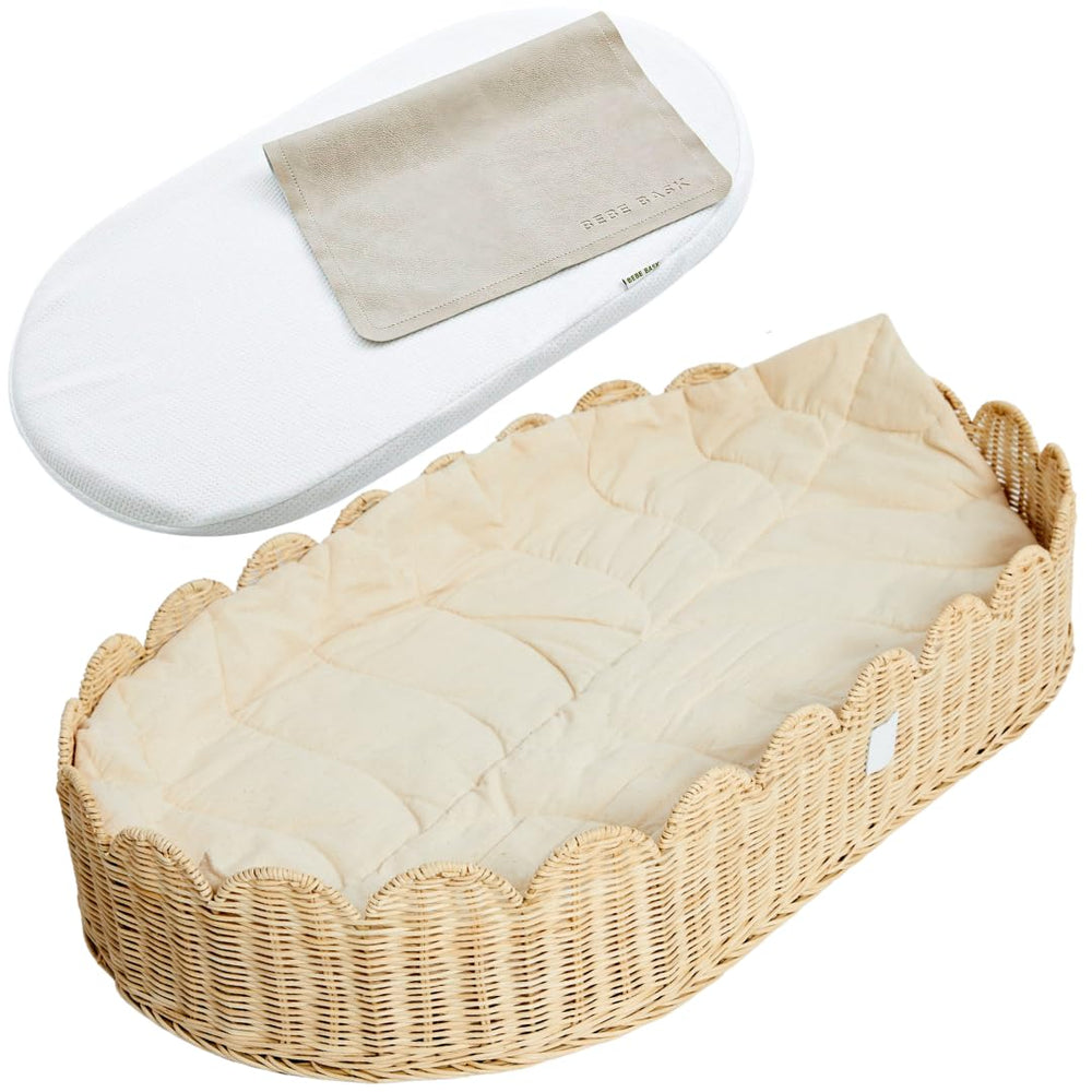 Bebe Bask Premium changing basket with scalloped rattan for stylish nursery organization