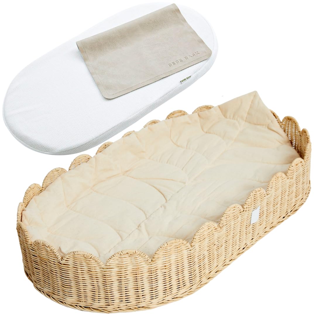 Bebe Bask Premium changing basket with scalloped rattan for stylish nursery organization