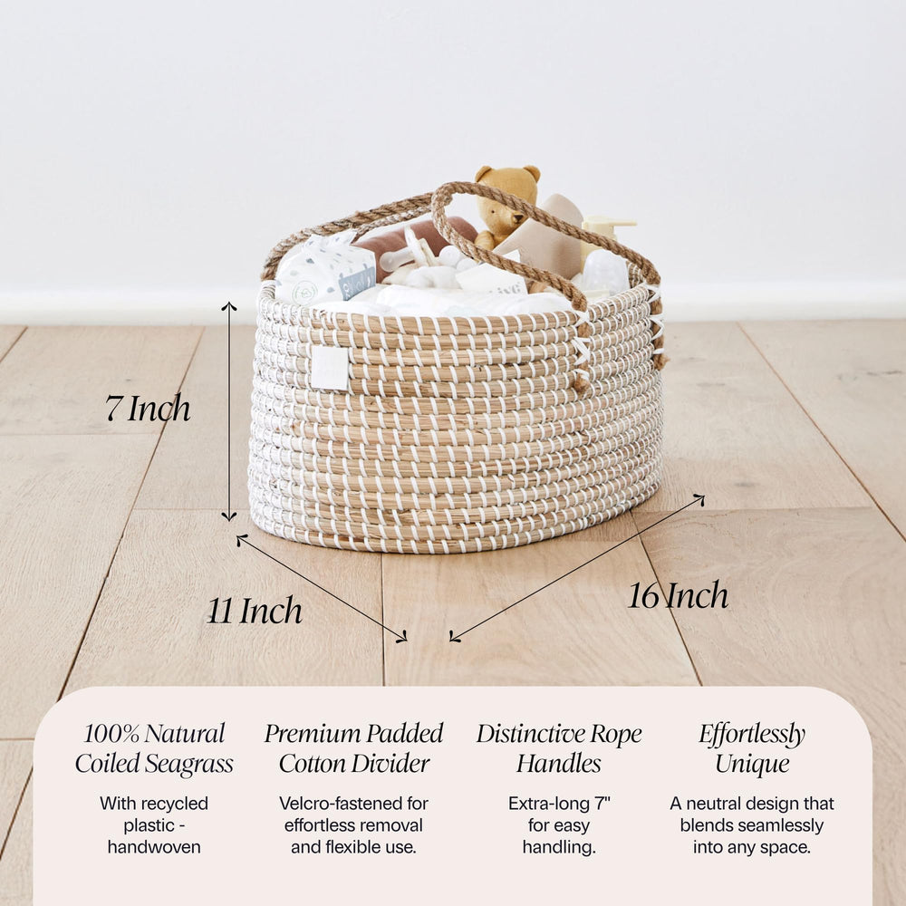 BEBE BASK diaper caddy rope-handles demonstrate portable design for room-to-room organization