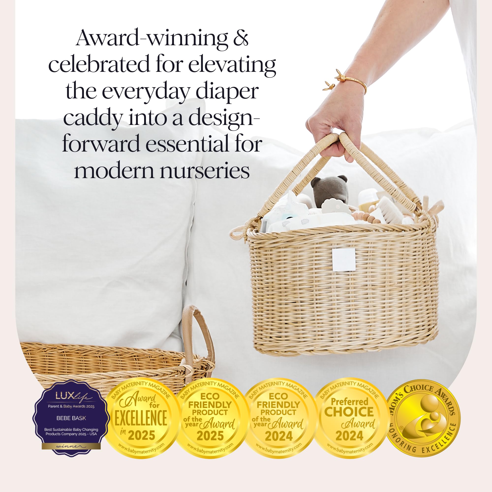 BEBE BASK Savannah 7-inch handles enable easy carrying between rooms.