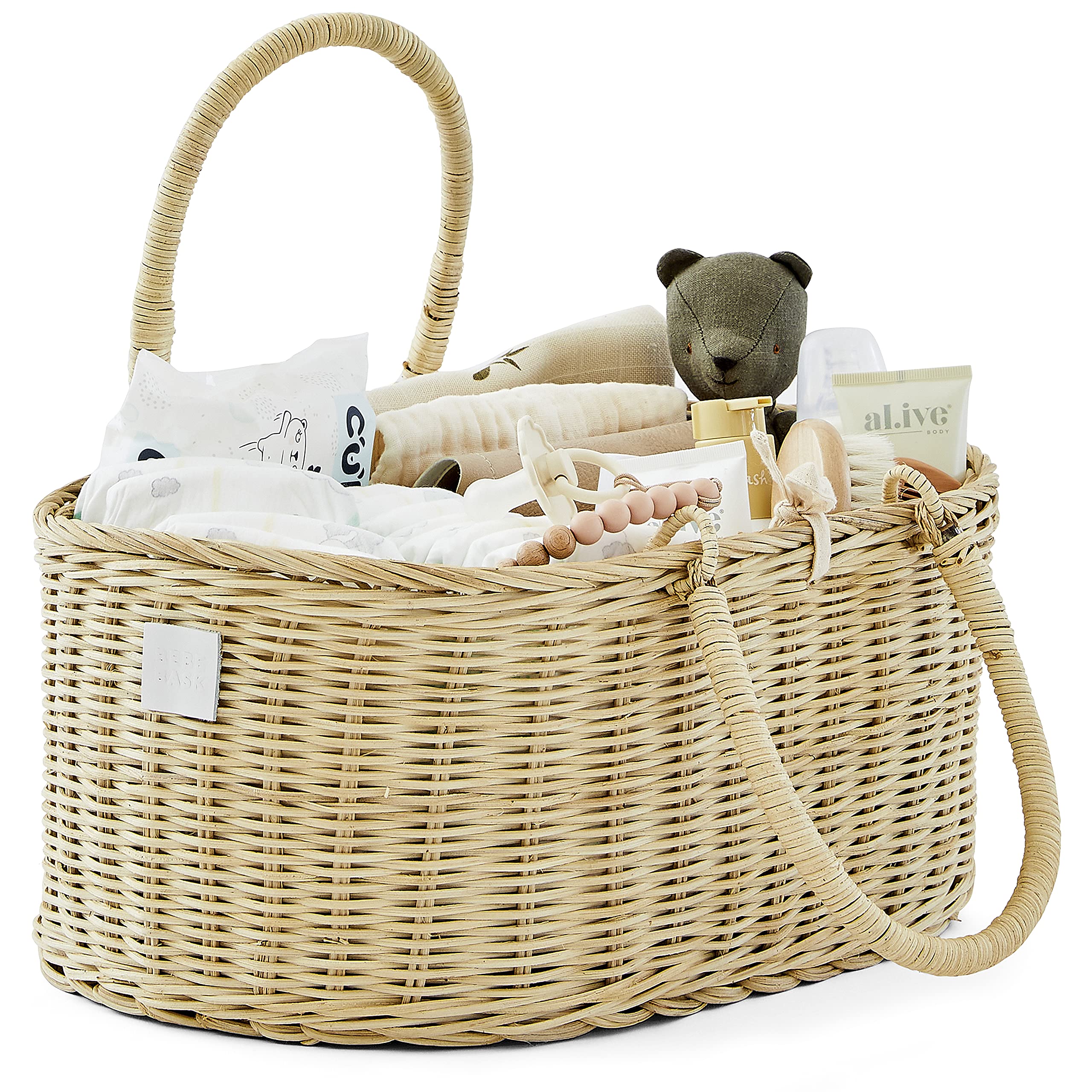 BEBE BASK Savannah rattan diaper caddy close-up shows natural weave for stylish nursery organization.