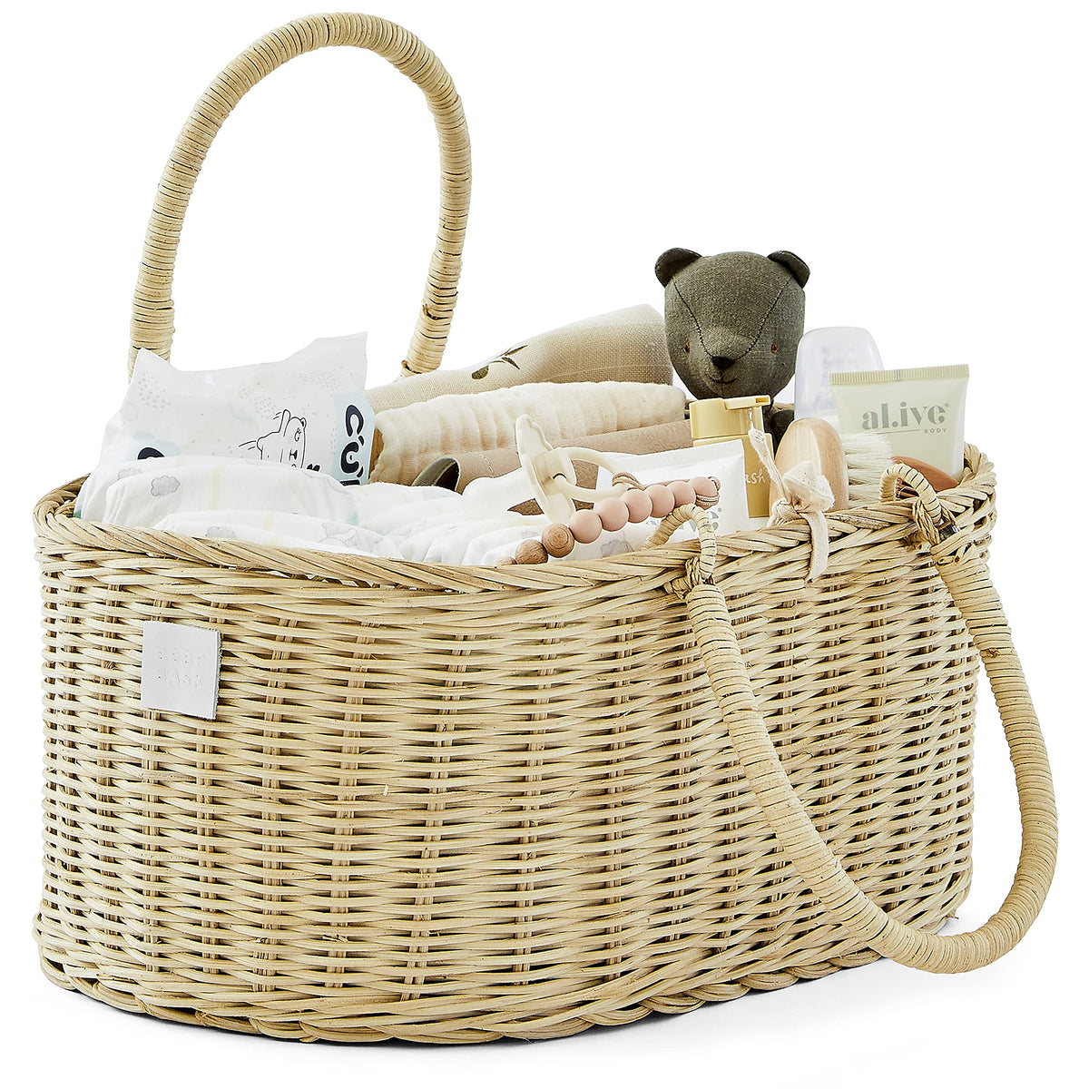 BEBE BASK Savannah rattan diaper caddy close-up shows natural weave for stylish nursery organization.
