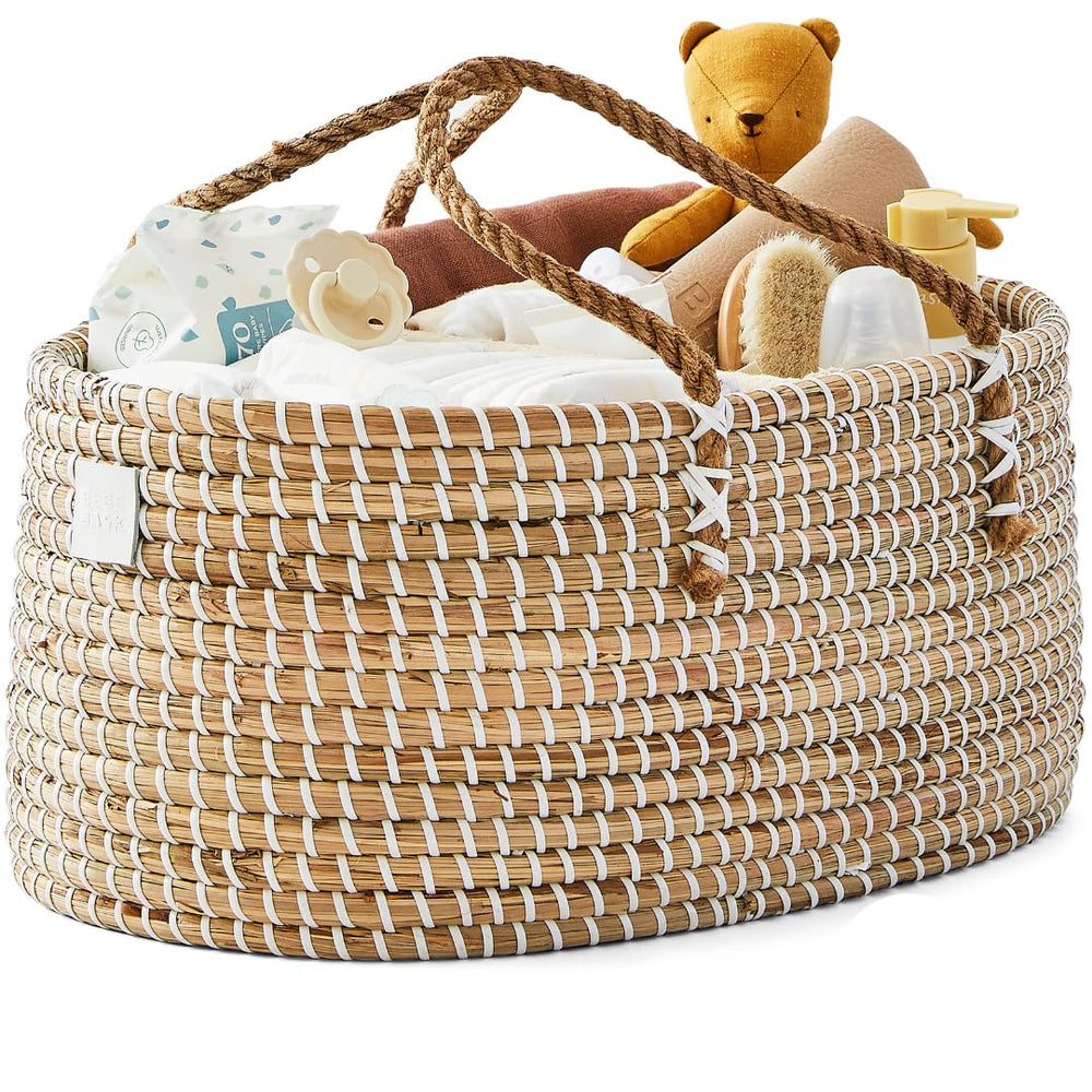 BEBE BASK diaper caddy outer white seagrass texture highlights premium craftsmanship