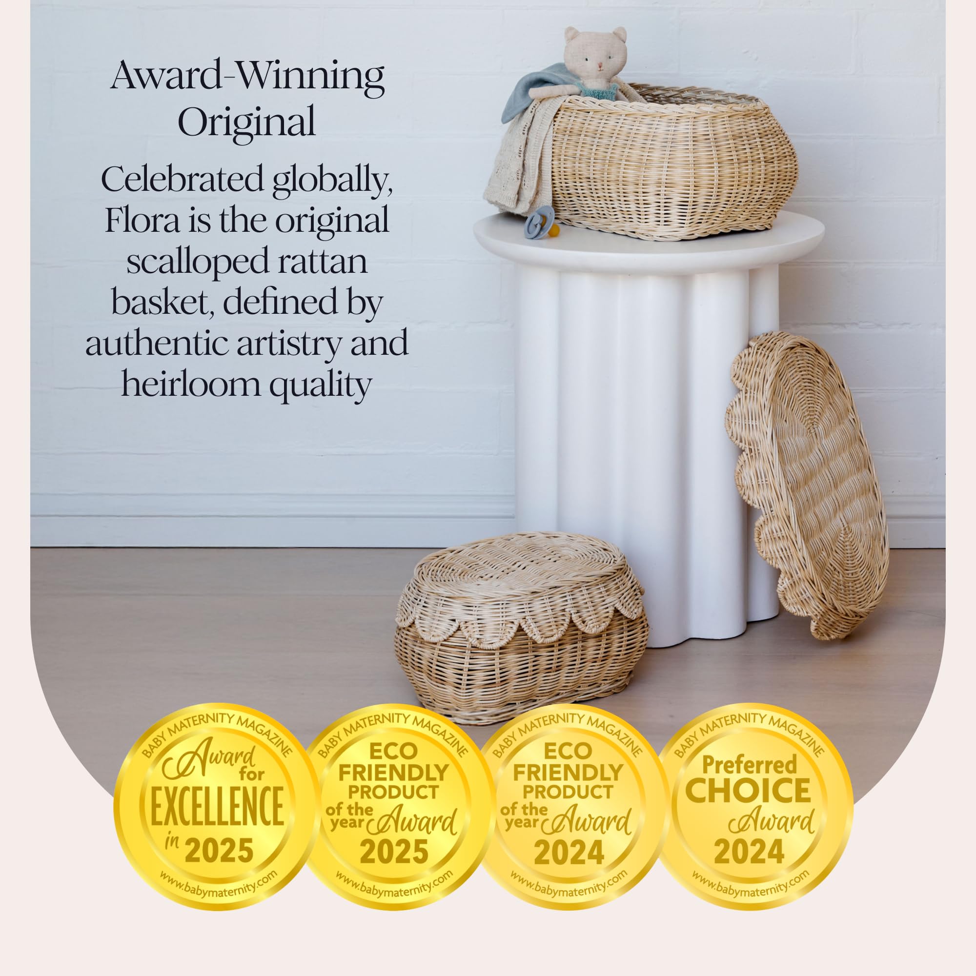 BEBE BASK scalloped small basket, nestable design, compact nursery organizer.