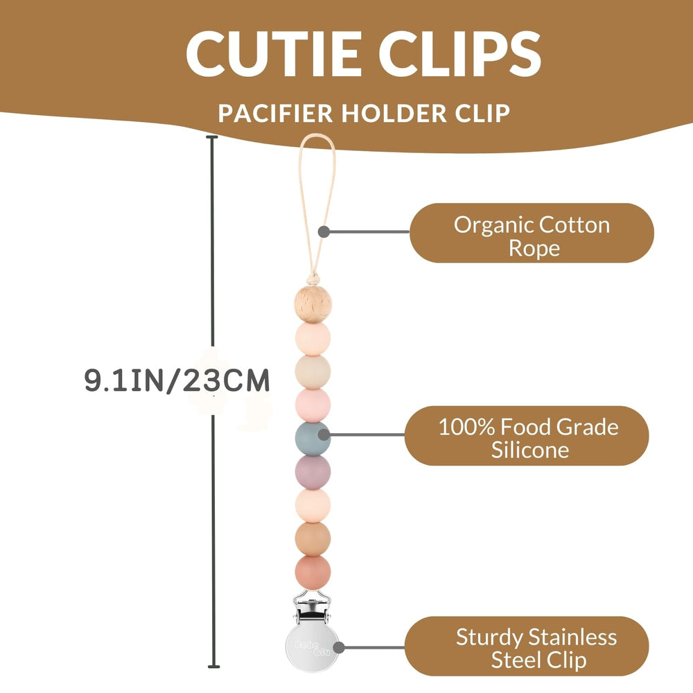 BebeBiu Apricot pacifier clip close-up demonstrates beads and clip for easy reach.