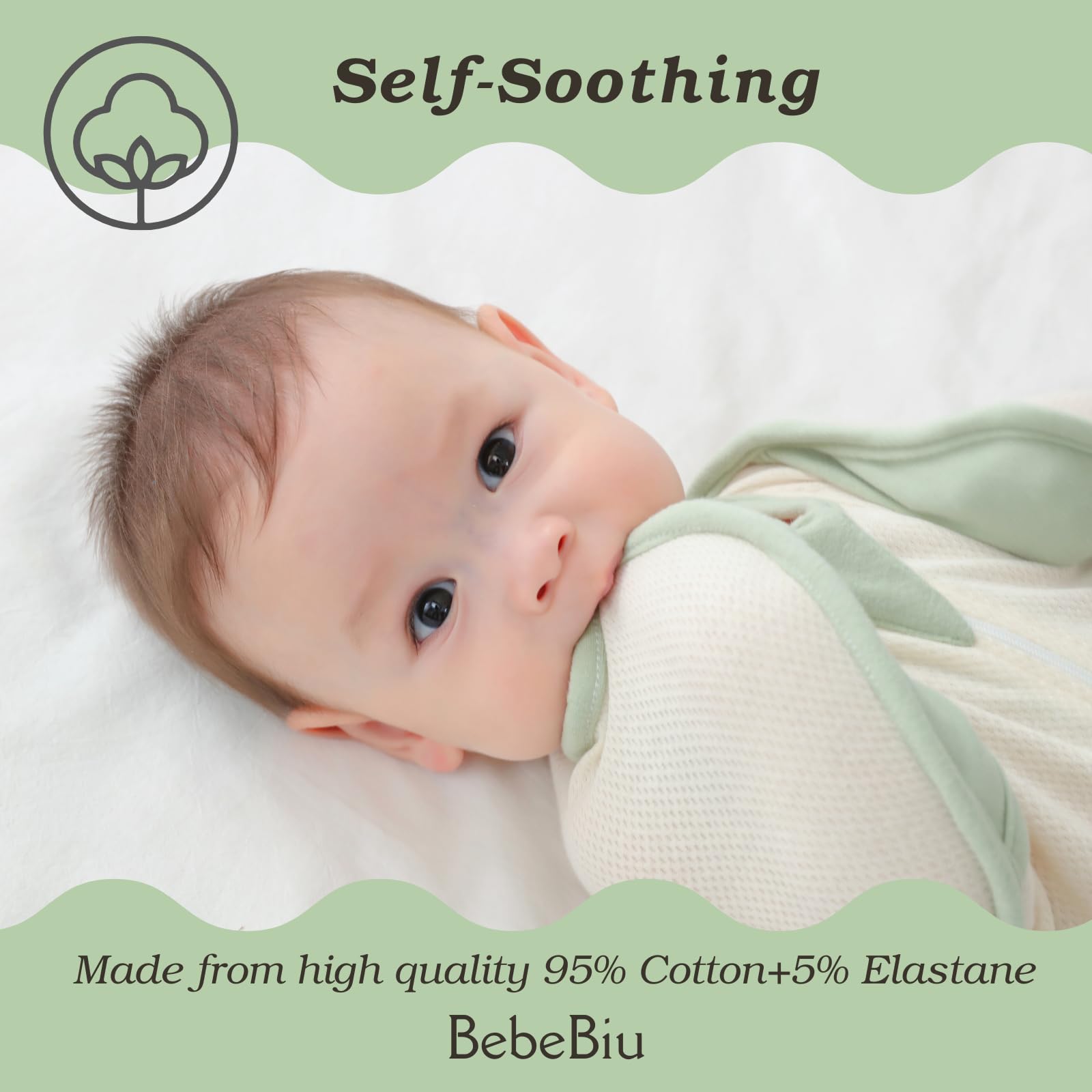 BebeBiu Baby Swaddle Sleeping Bag arms-in design Lovry supports snug newborn sleep.
