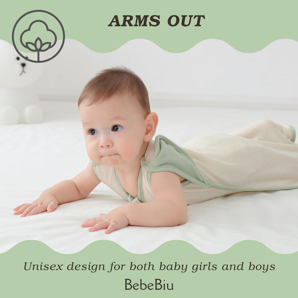 BebeBiu Baby Swaddle Sleeping Bag arms-out design Lovry supports transitions as baby grows.