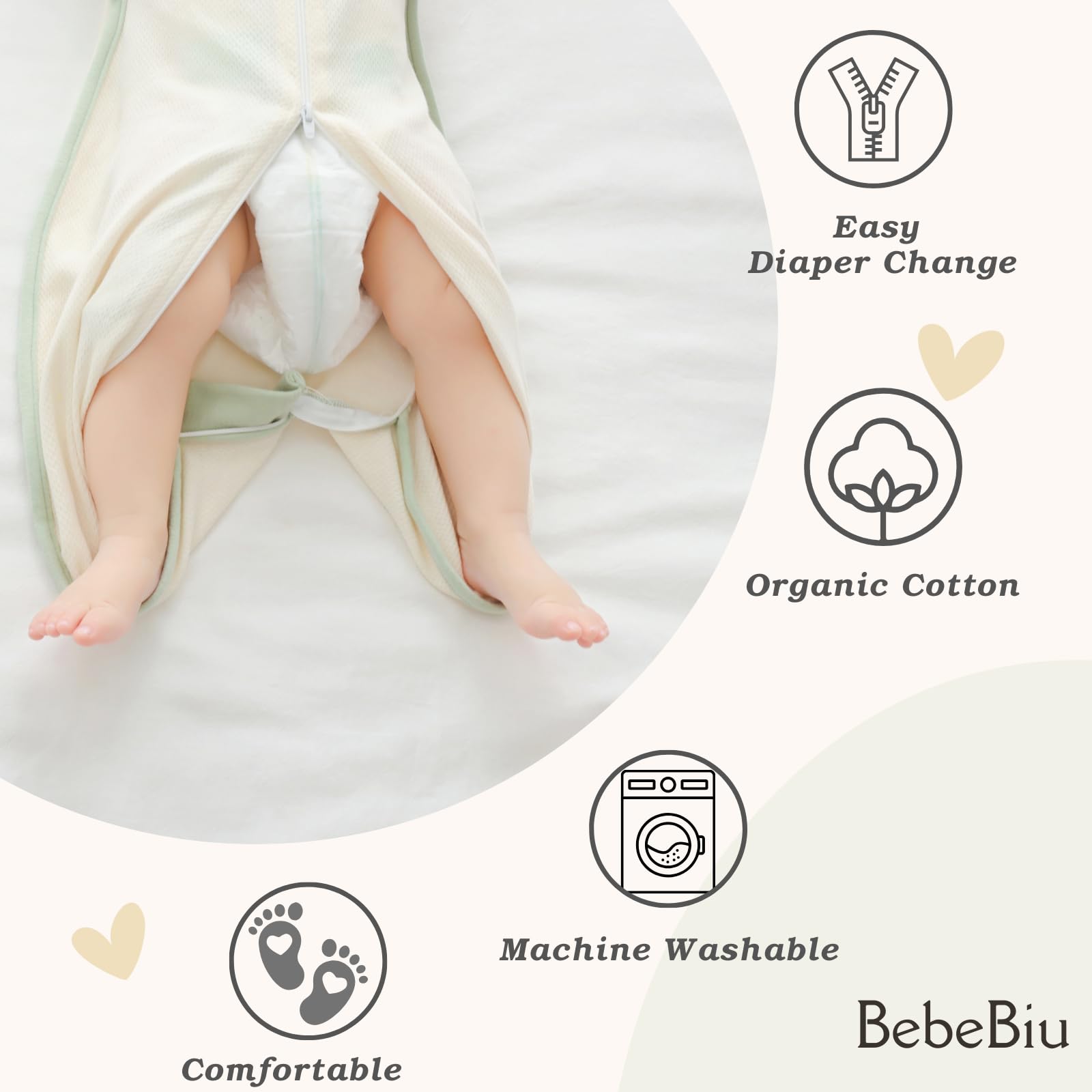 BebeBiu Baby Swaddle Sleeping Bag front view Pale Mauve shows cozy, breathable sleep environment.