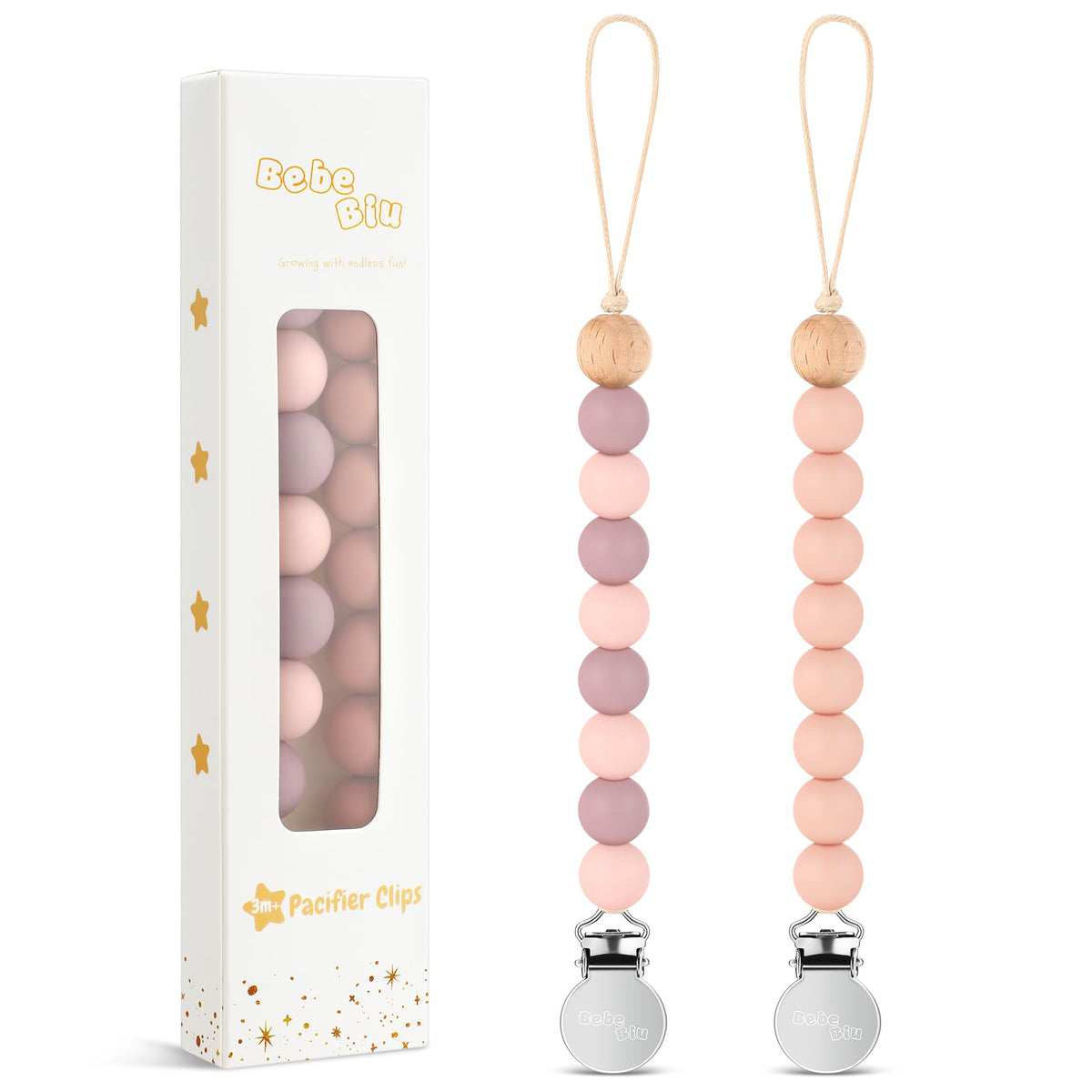BebeBiu pacifier clip mauve pack view keeps pacifier handy on baby’s clothing