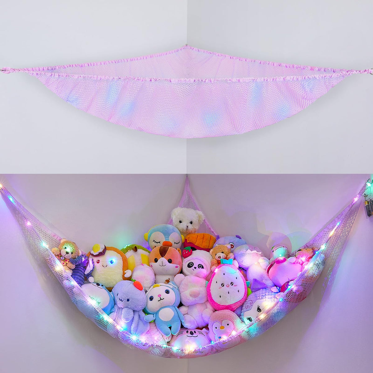 BeBeJoJo stuffed animals storage hammock in light pink displayed in a corner for space saving