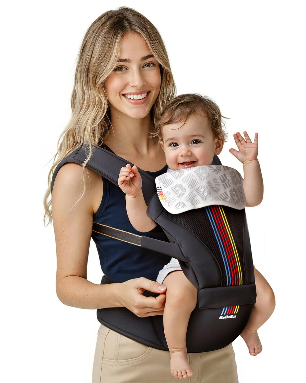 BeBeBus 2-in-1 carrier front view with hip seat for newborn cradle comfort.