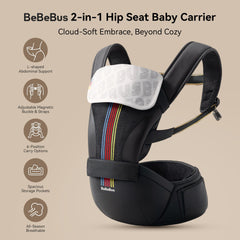 BeBeBus detachable hip seat in cradle position supports newborn and beyond.