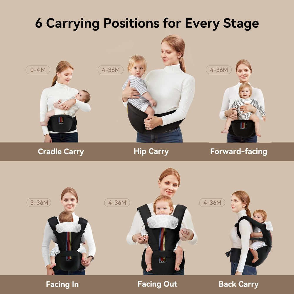 BeBeBus ergonomic hip position with 30-degree seat for balanced carrying.