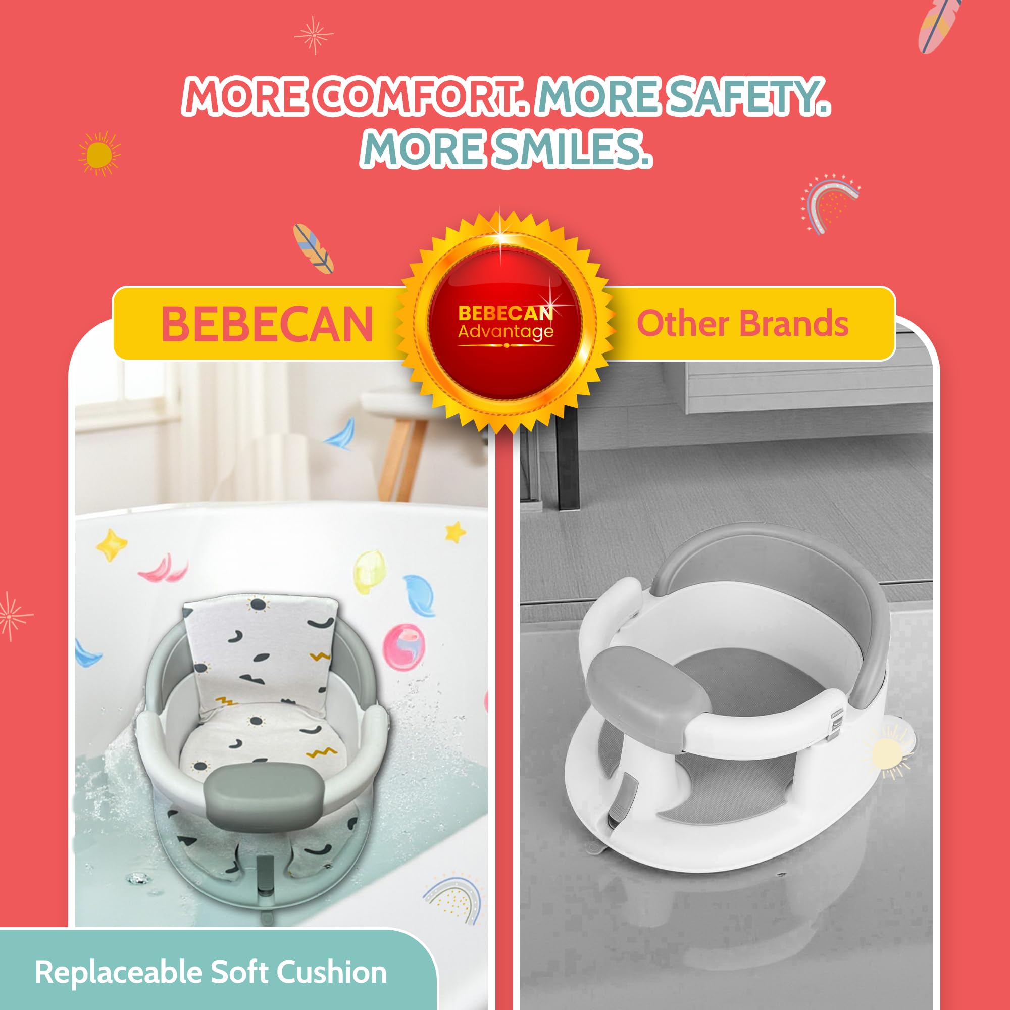 BEBECAN bath seat armrests open for easy placement and lifting of baby.