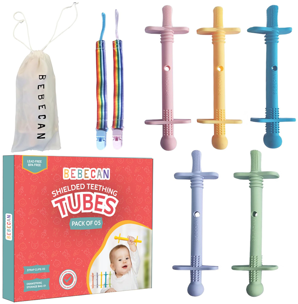 Bebecan Shielded Teething Tubes end shields provide safer chewing for toddlers up to 36 months.