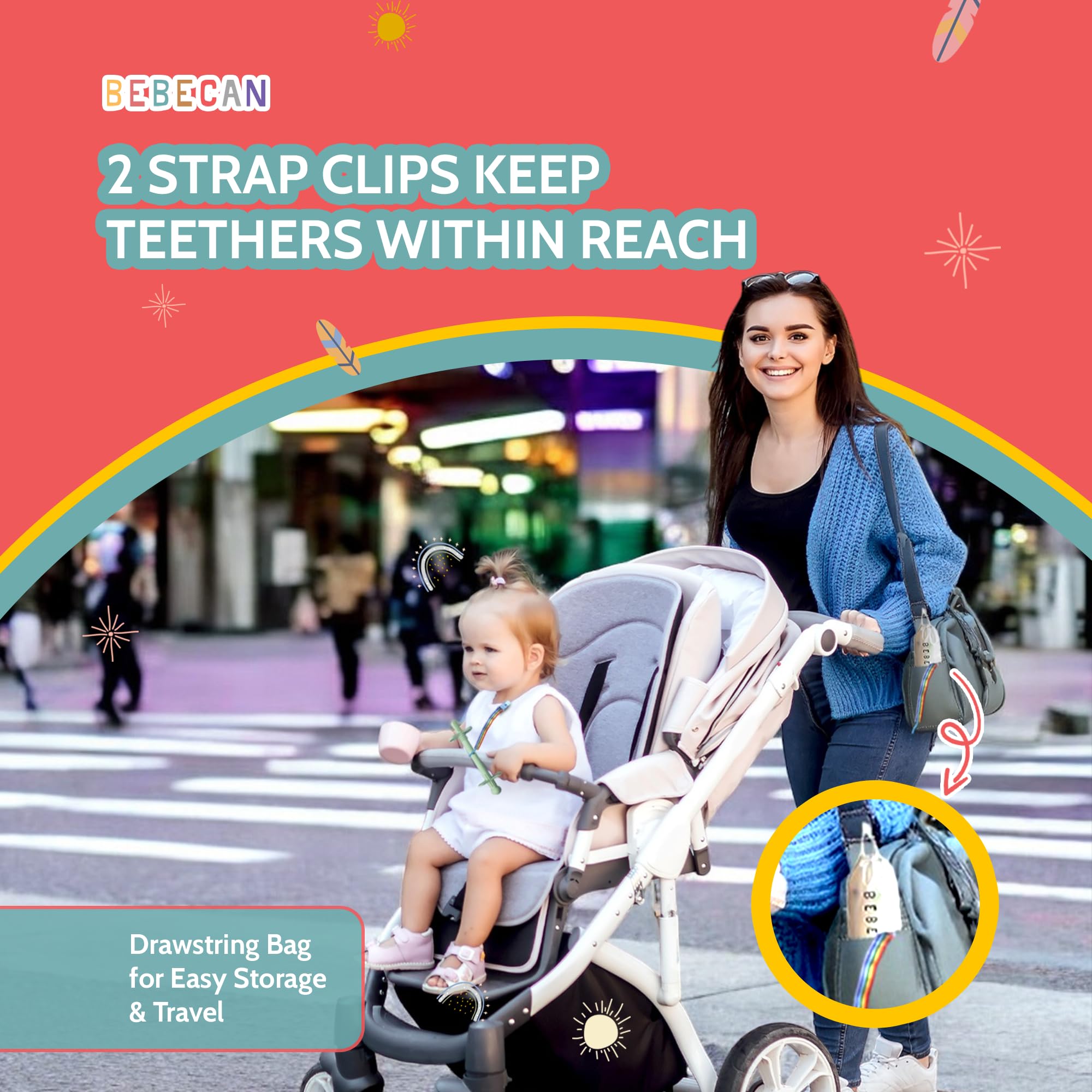 Bebecan Shielded Teething Tubes set includes 5 tubes, 2 clips, 2 brushes, and a bag.